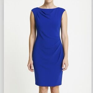 Calvin Klein Royal Blue Ruched Faux Wrap Stretch Crepe Sleeveless Dress Size 12‎